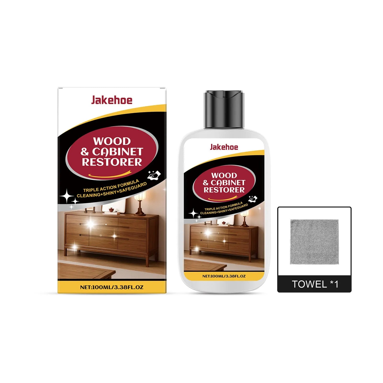 Wooden furniture scratch care agent kit showing 100ml bottle and a white microfibre cloth on a box.