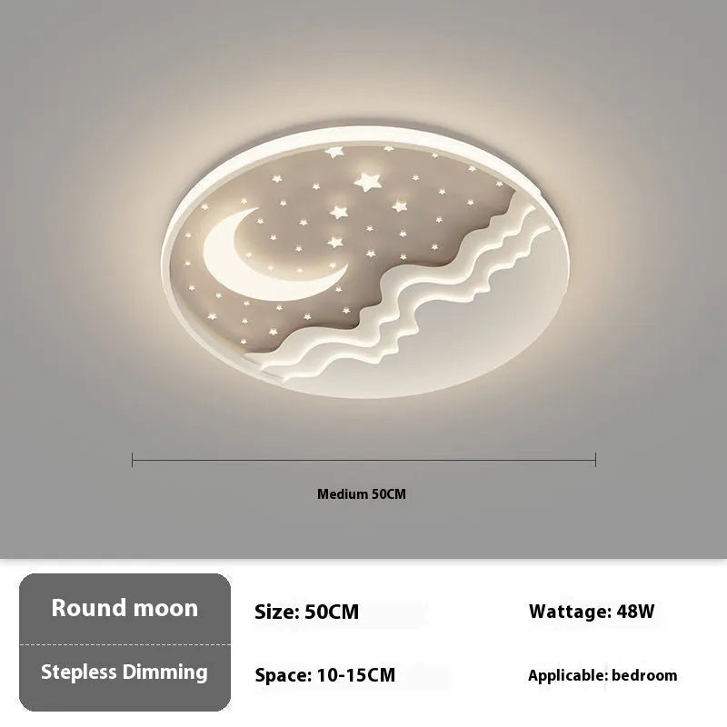 White moon-shaped wrought iron and acrylic bedroom ceiling light with romantic glow