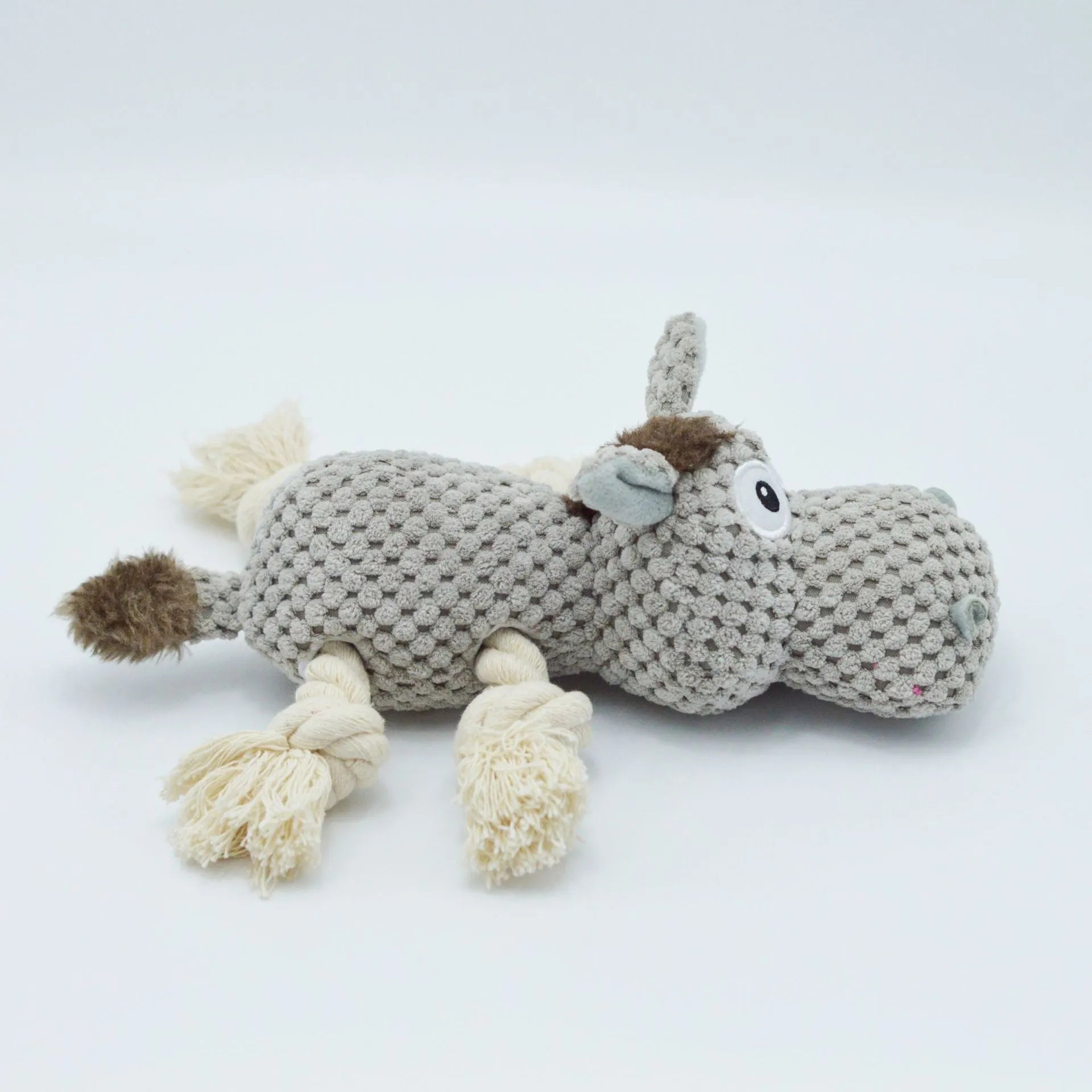 Grey cloth velvet donkey plush dog toy with creaking sound mechanism measuring 27x20x9.5cm