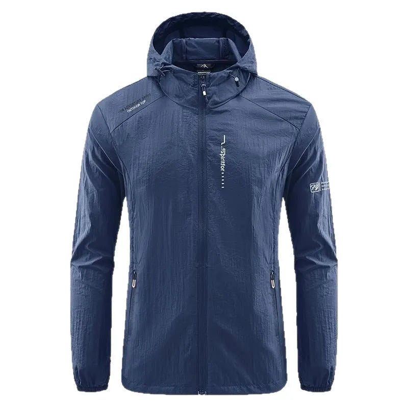 Men's light grey hooded nylon summer jacket with loose fit for sun protection