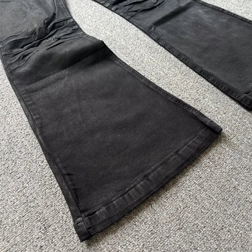 Retro dark brush wax coating washed jeans for men, mid-waist loose fit, black colour
