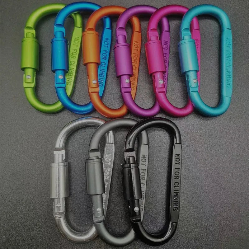 Flat D-type aluminium carabiner with automatic lock in red, showing 8 cm size.