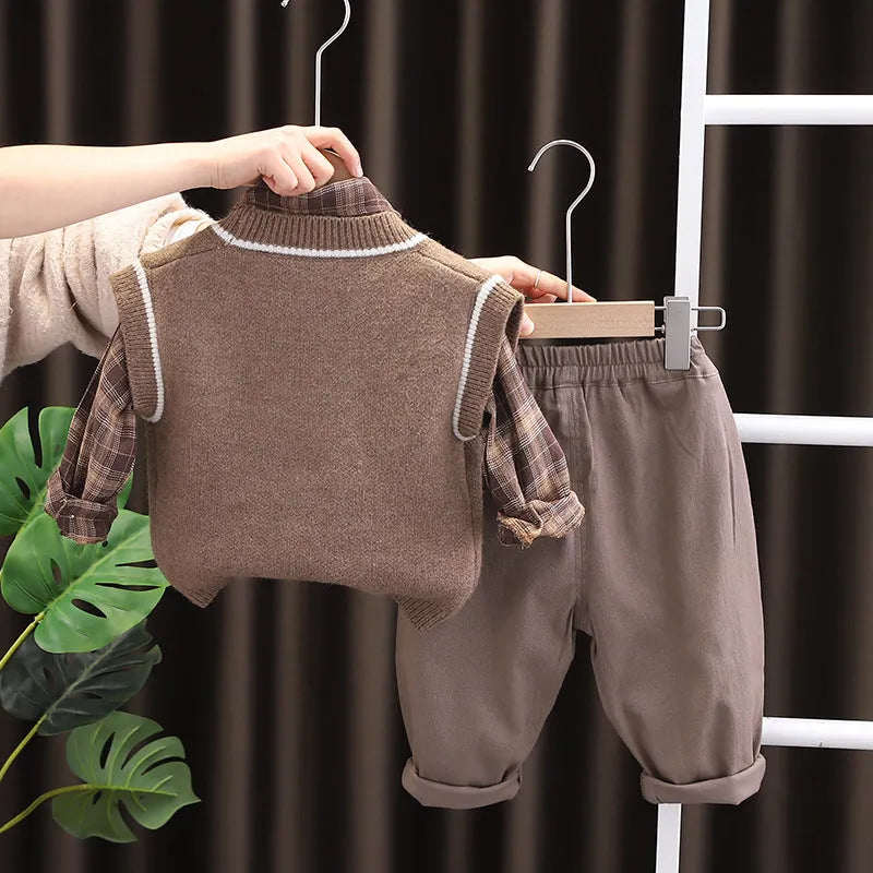 Children's knitted cotton sweater vest set with long sleeves, cartoon pattern, beige and brown colour options, sizes 80-120cm