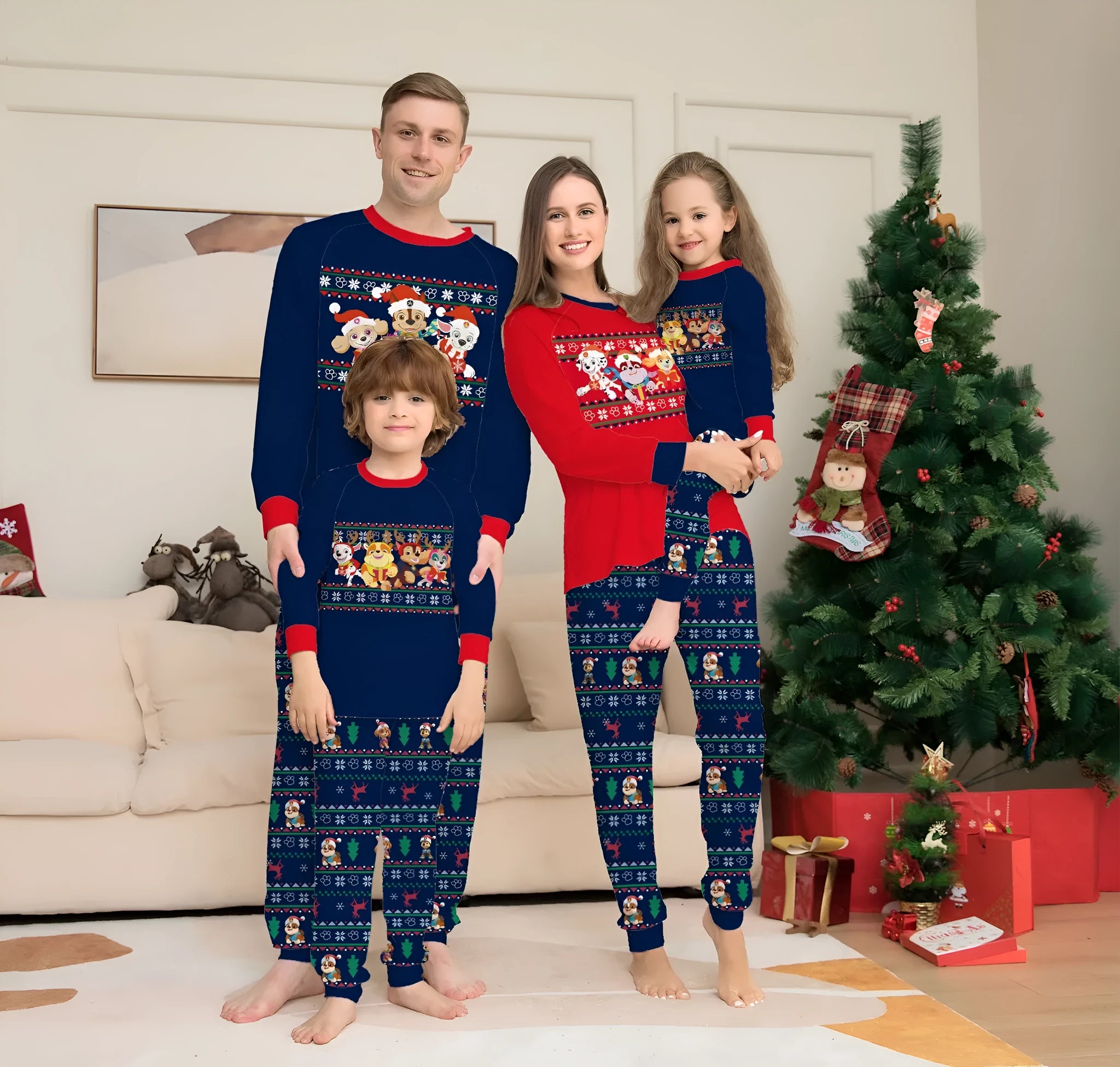 Red plaid Christmas pyjamas with deer print for matching family wear including adult, child, baby, and dog sizes