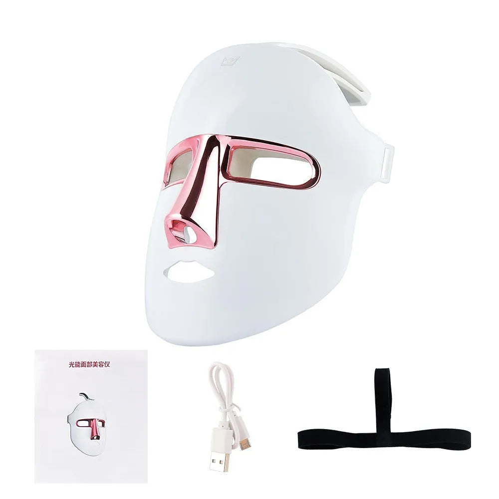 Rose gold or gold LED face mask with seven colour light modes and positive ion function, USB powered, with elastic band.