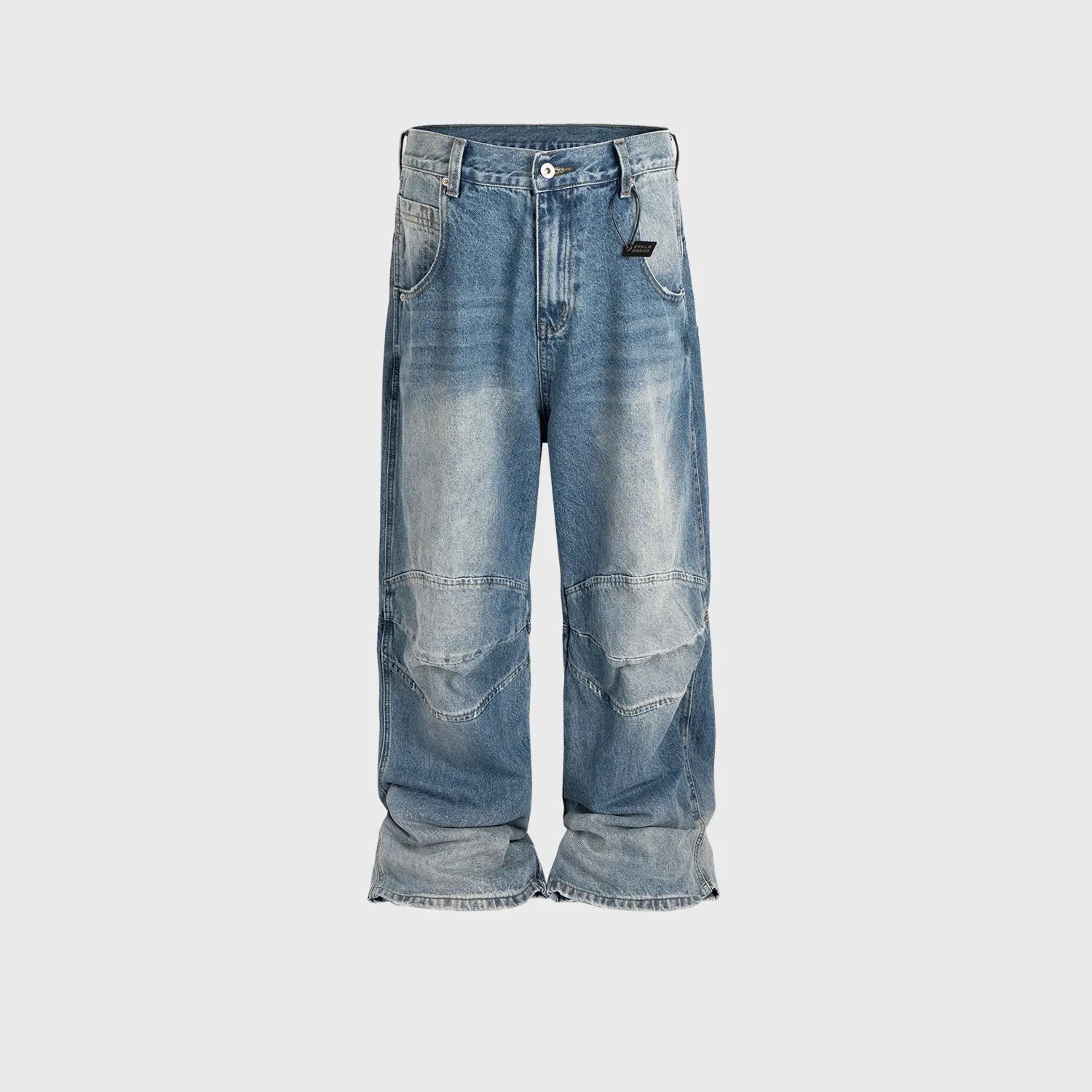 Blue baggy straight-leg jeans with a zip fly, shown in a washed white blue colour.