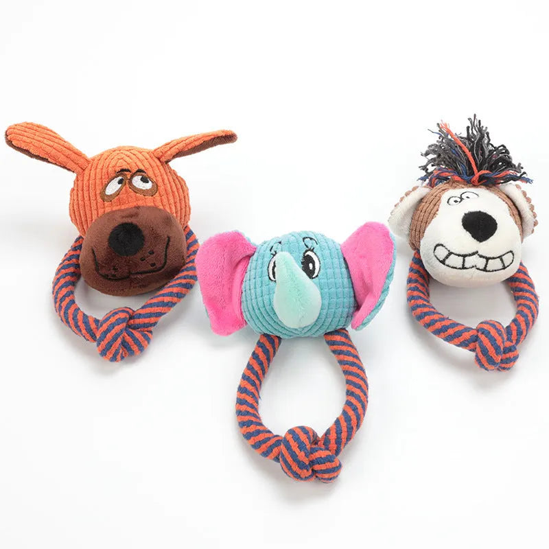 Dog cotton rope squeaky toy in dog style for teeth cleaning and play