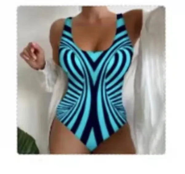 Sling one-piece striped printed swimsuit for women in fluorescent green, polyester fabric, S-5XL sizing