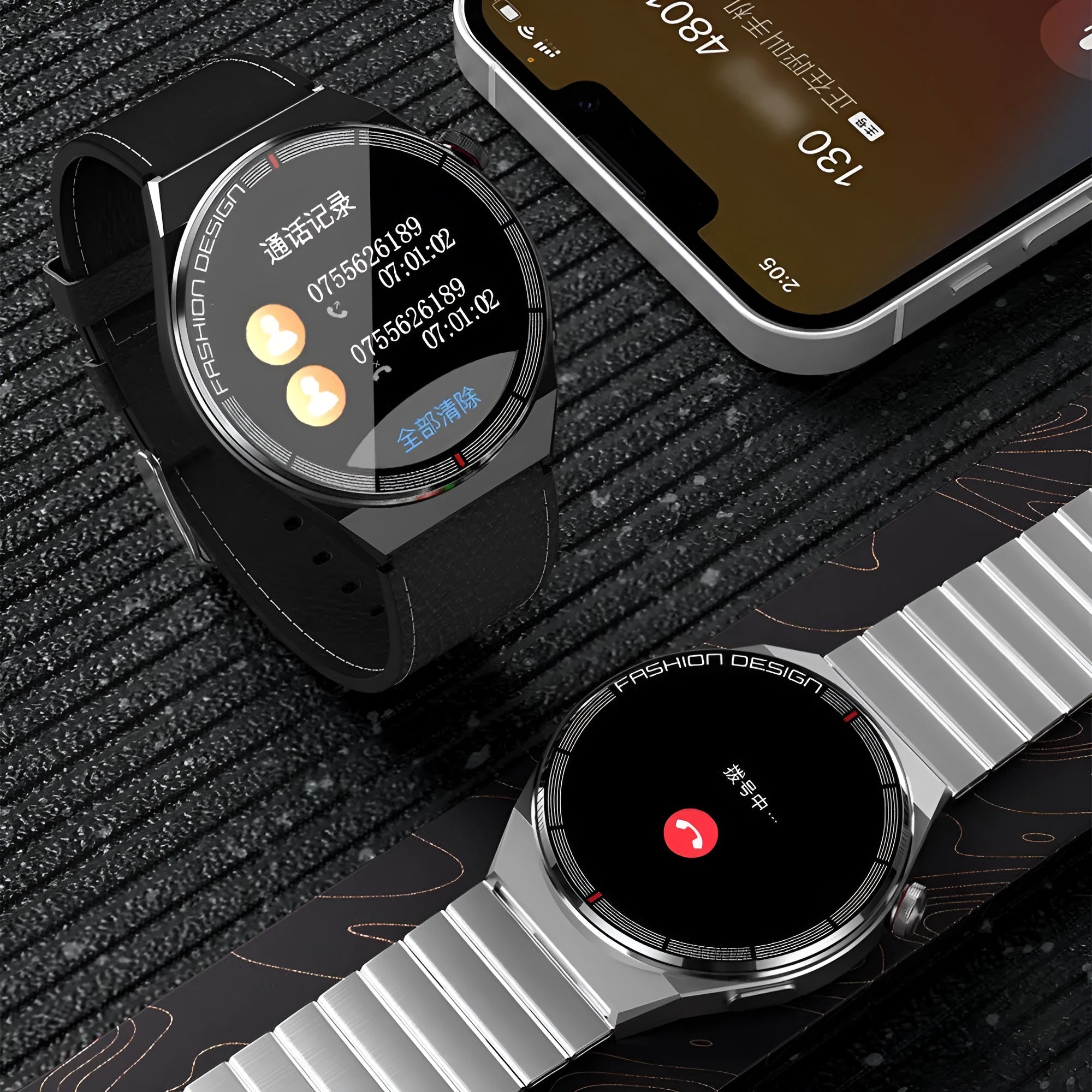 Black and silver Bluetooth smartwatch with 1.28-inch screen showing heart rate monitoring display
