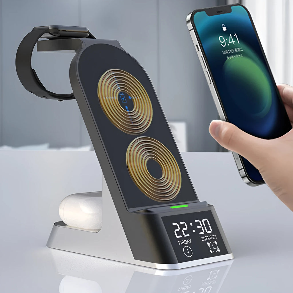 Creative H35 multifunctional wireless charging station with alarm clock in black, showing phone, watch, and earbud charging pads