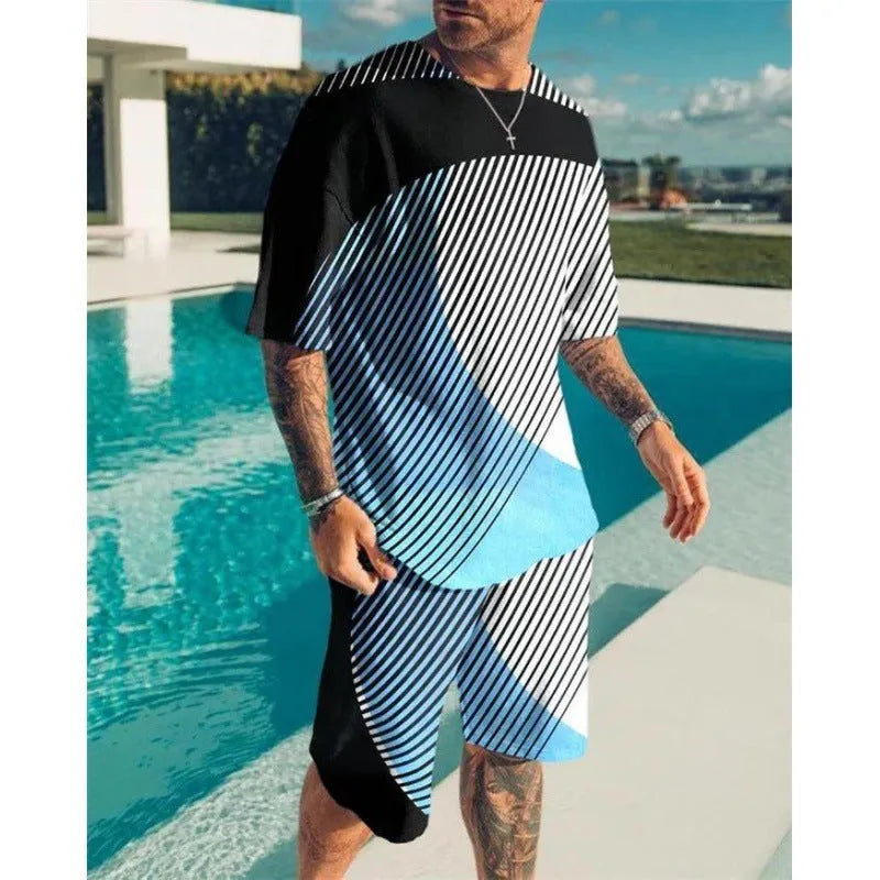 Men's casual short sleeve leisure suit set in mesh cloth polyester showing matching top and shorts