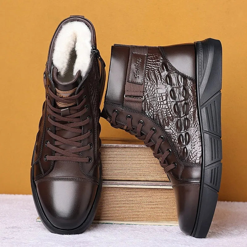 Women's black genuine leather lace-up winter boots with velvet detail and snow cotton lining.