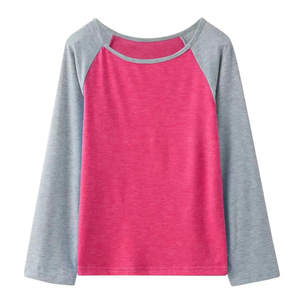 Women's anti-static cotton long sleeve t-shirt with contrast waist in watermelon red