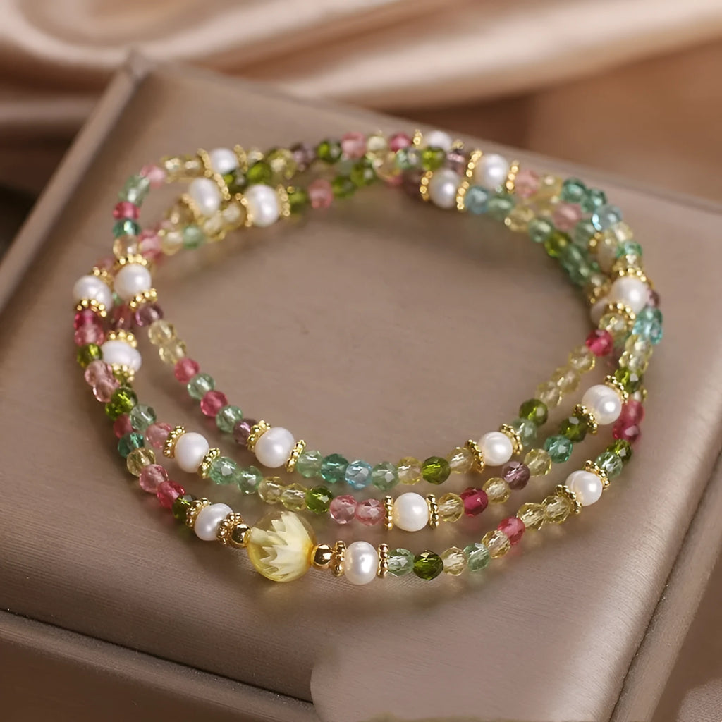 Natural grain of rice tourmaline multi-layer crystal bracelet with three circles of small beads for women
