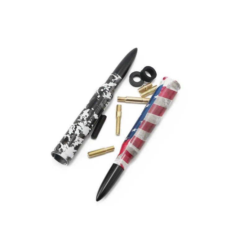 14cm long bullet-shaped car antenna in camouflage green, black, and American flag designs