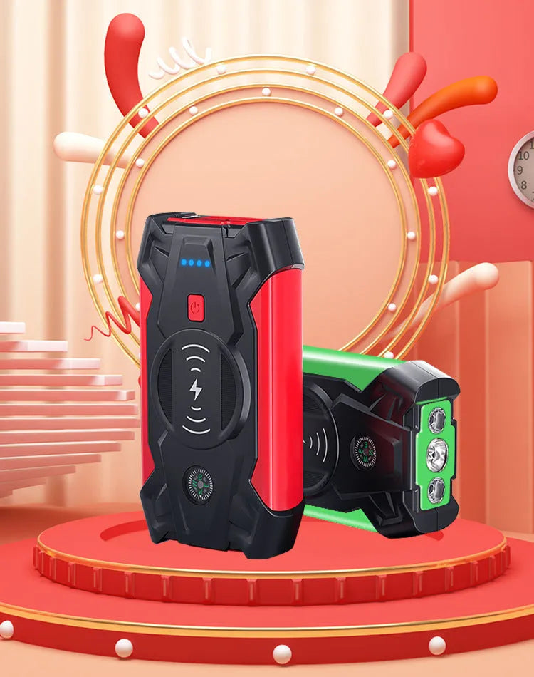 Red car jump starter power pack with digital display and thick battery clips