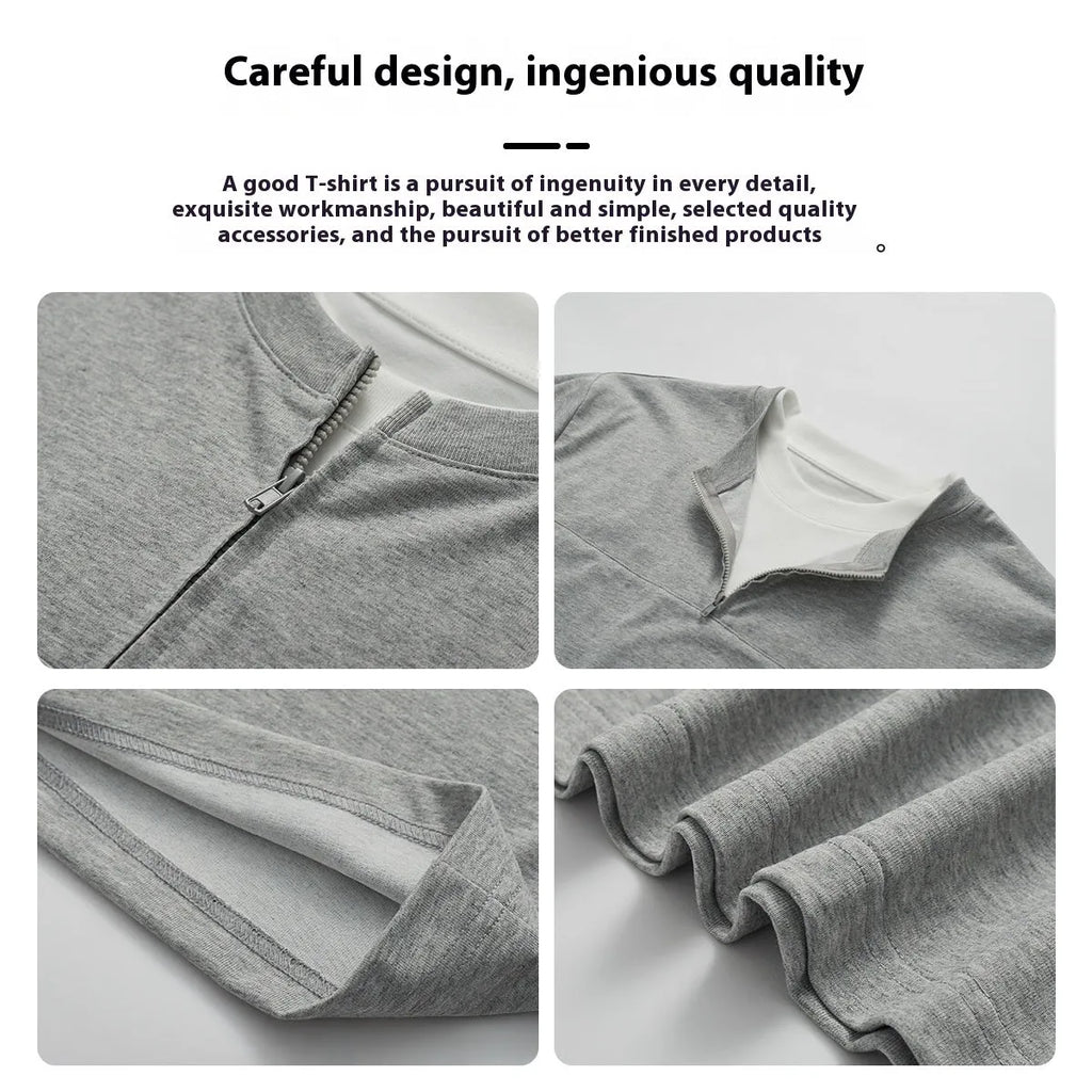 Cotton blend loose fit patchwork top in solid colour with zip false two-piece design