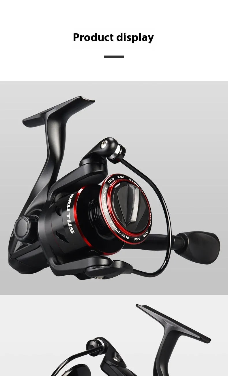 All-metal spinning fishing reel shown in 2000, 3000, 4000, and 5000 series sizes for telescopic rod fishing.