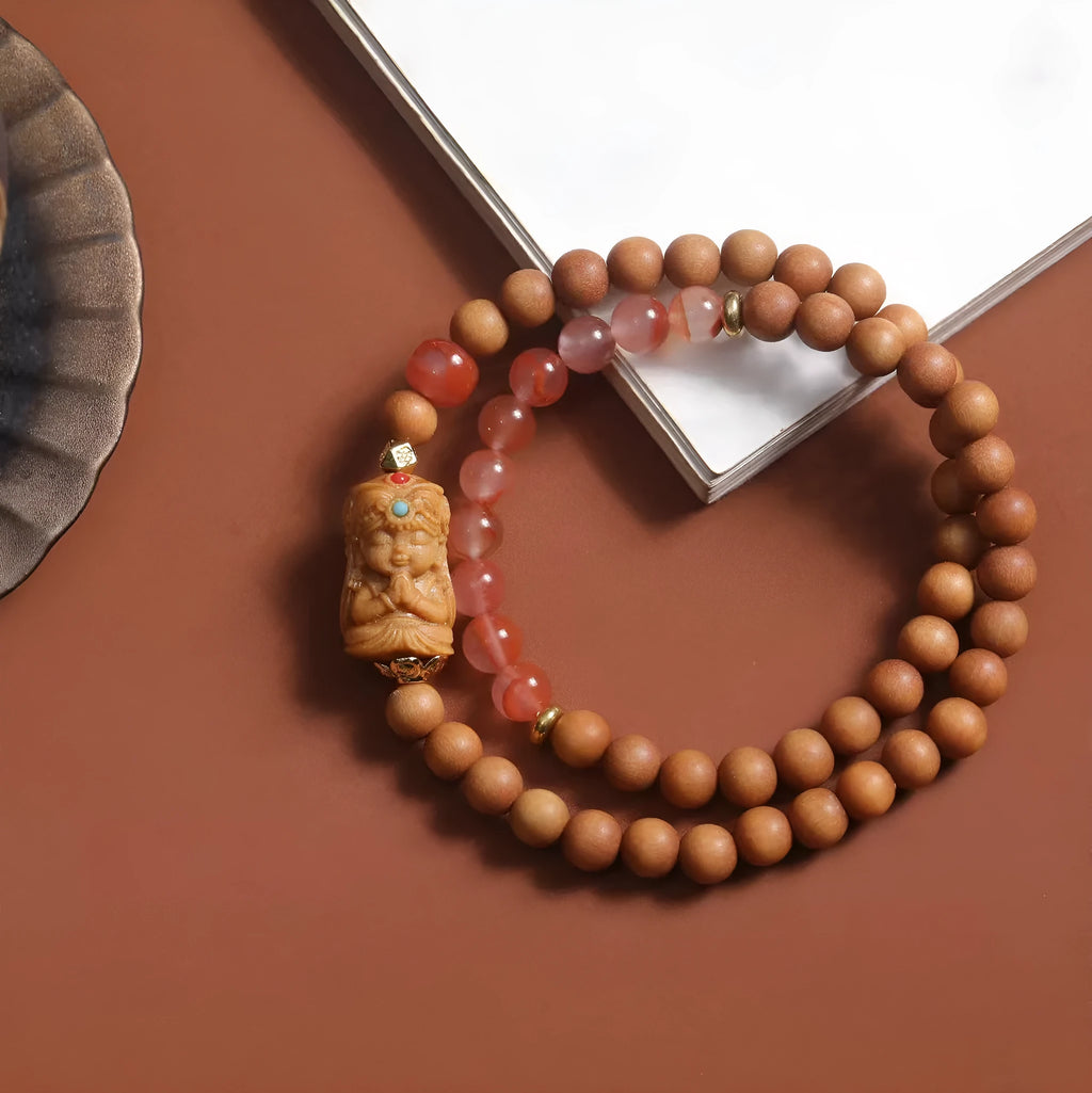 Brown wooden bracelet with South Red Zachilam double circle design in traditional Chinese style