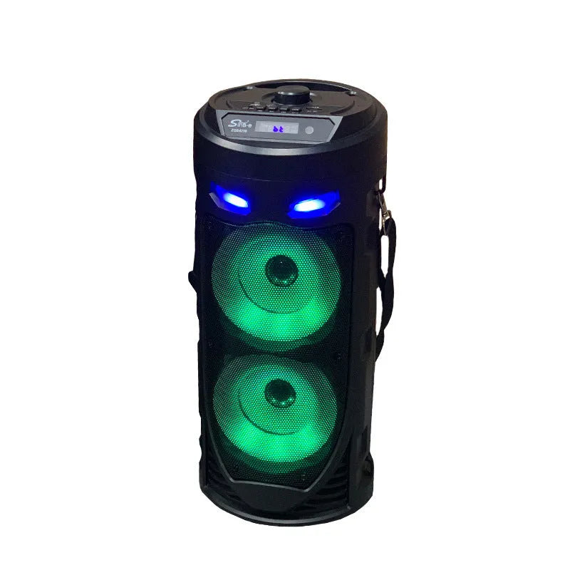 Black portable Bluetooth speaker with dual horn cannon design and USB charging port