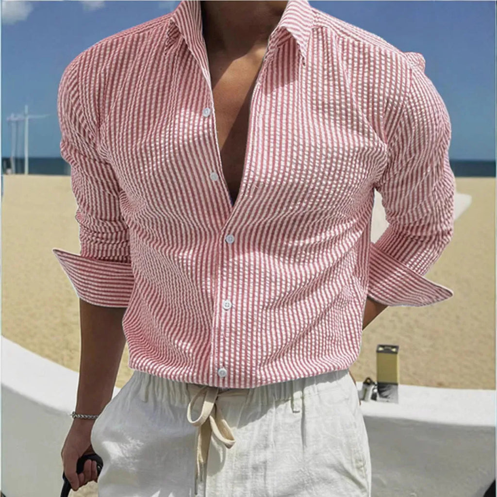 Men's striped cardigan lapel long sleeve shirt in polyester available in nine colour options