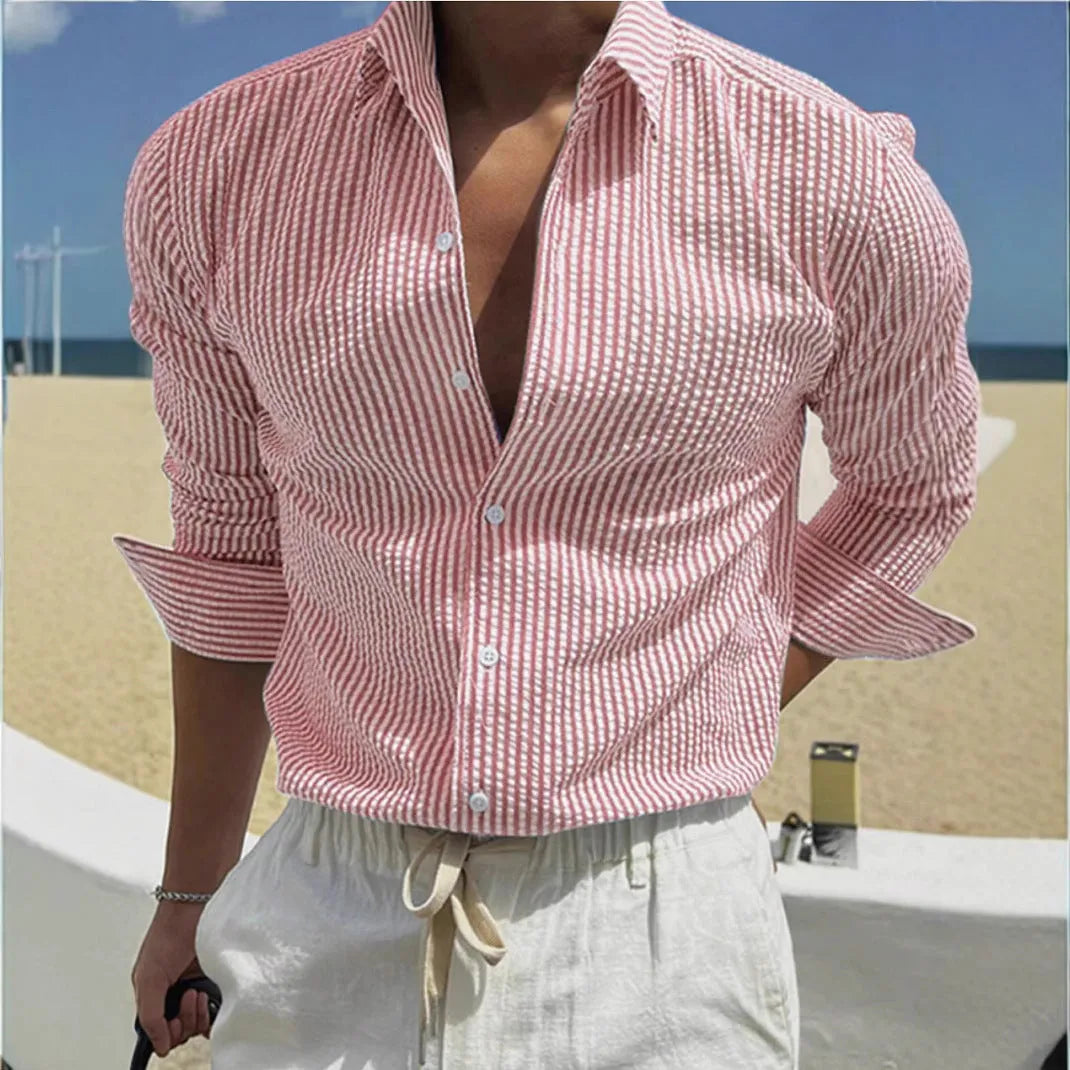 Men's striped cardigan lapel long sleeve shirt in polyester available in nine colour options