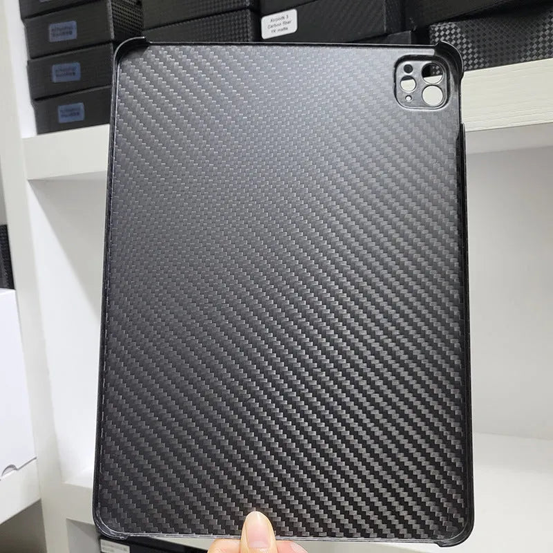 Flat carbon fibre hard protective case for Apple iPad Pro 11 tablet in a textured finish.