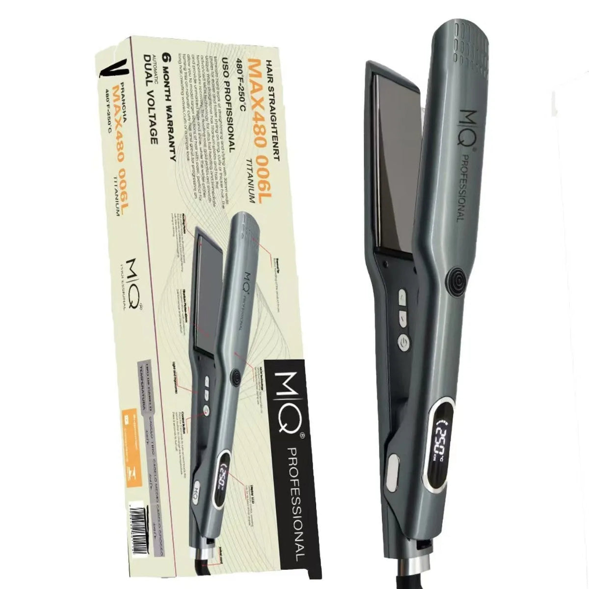 Negative ion hair straightener with tourmaline ceramic plates, 10 temperature settings, available in large or small size