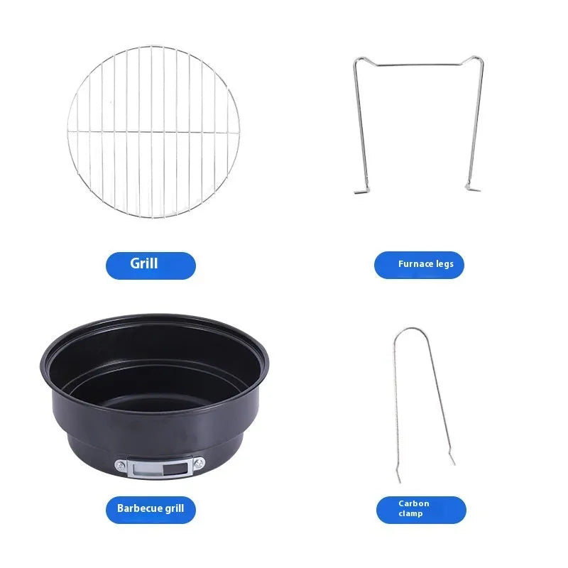 Small round folding ice stove with grill mesh and barbecue grill for 1-2 people.