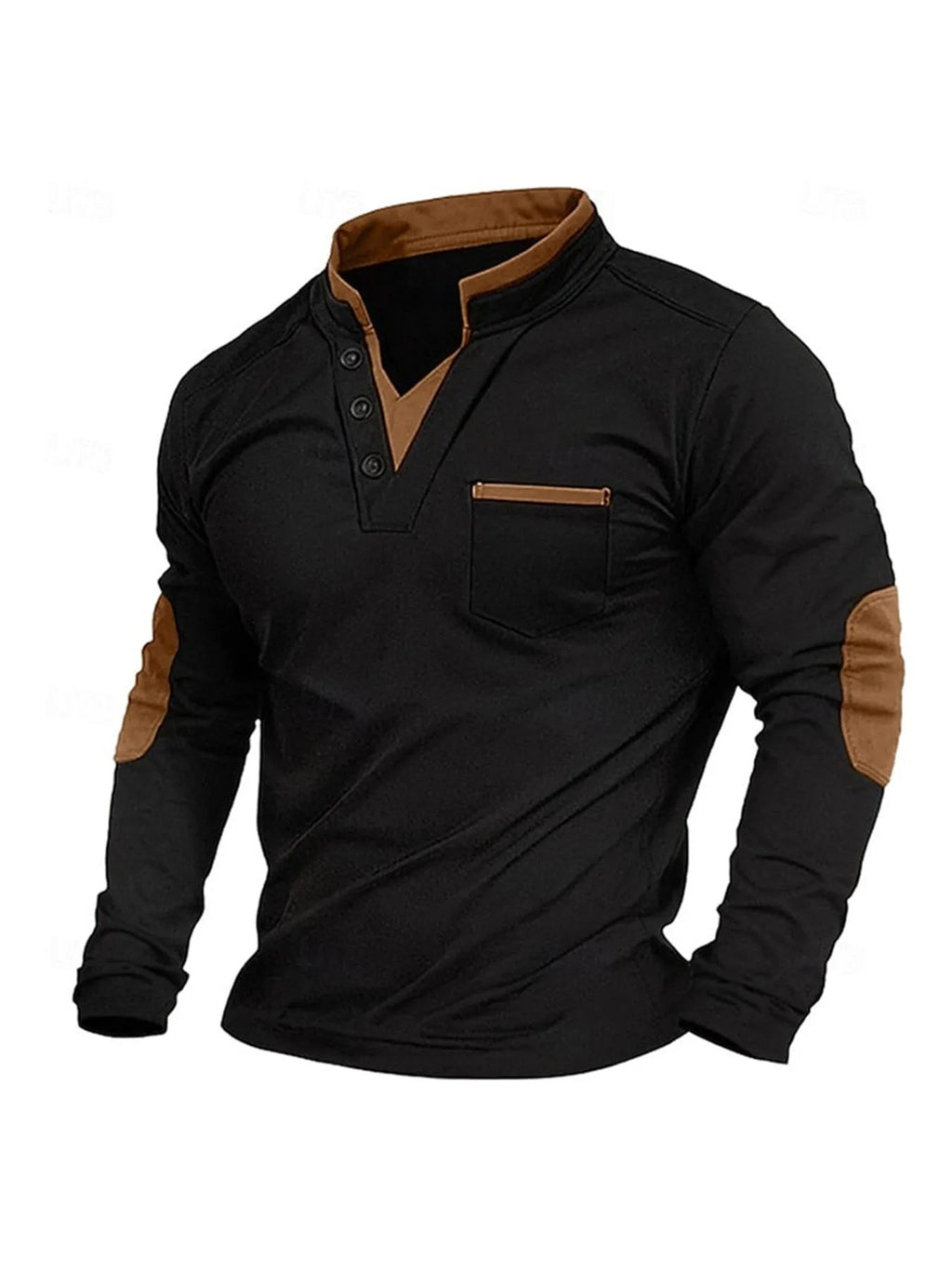 Men's stand collar long-sleeved stitching pullover sweater in solid colour chemical fibre blend