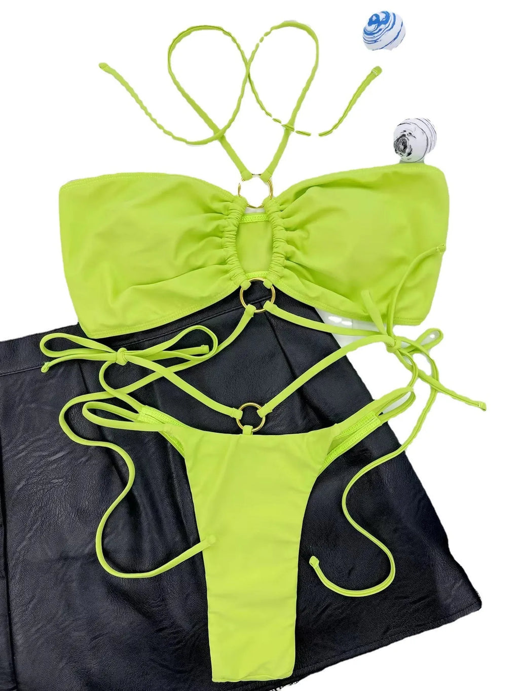 Yellow green women's lace-up triangle bikini swimsuit with bra and t-pants