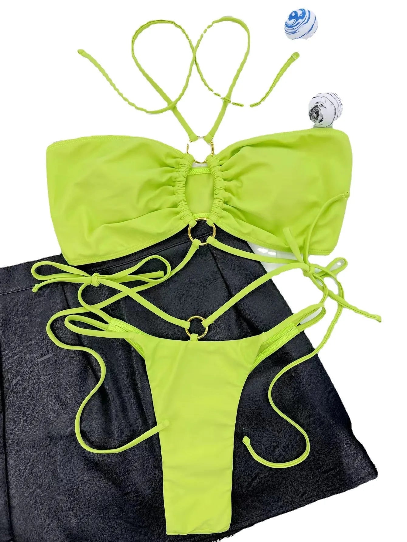 Yellow green women's lace-up triangle bikini swimsuit with bra and t-pants