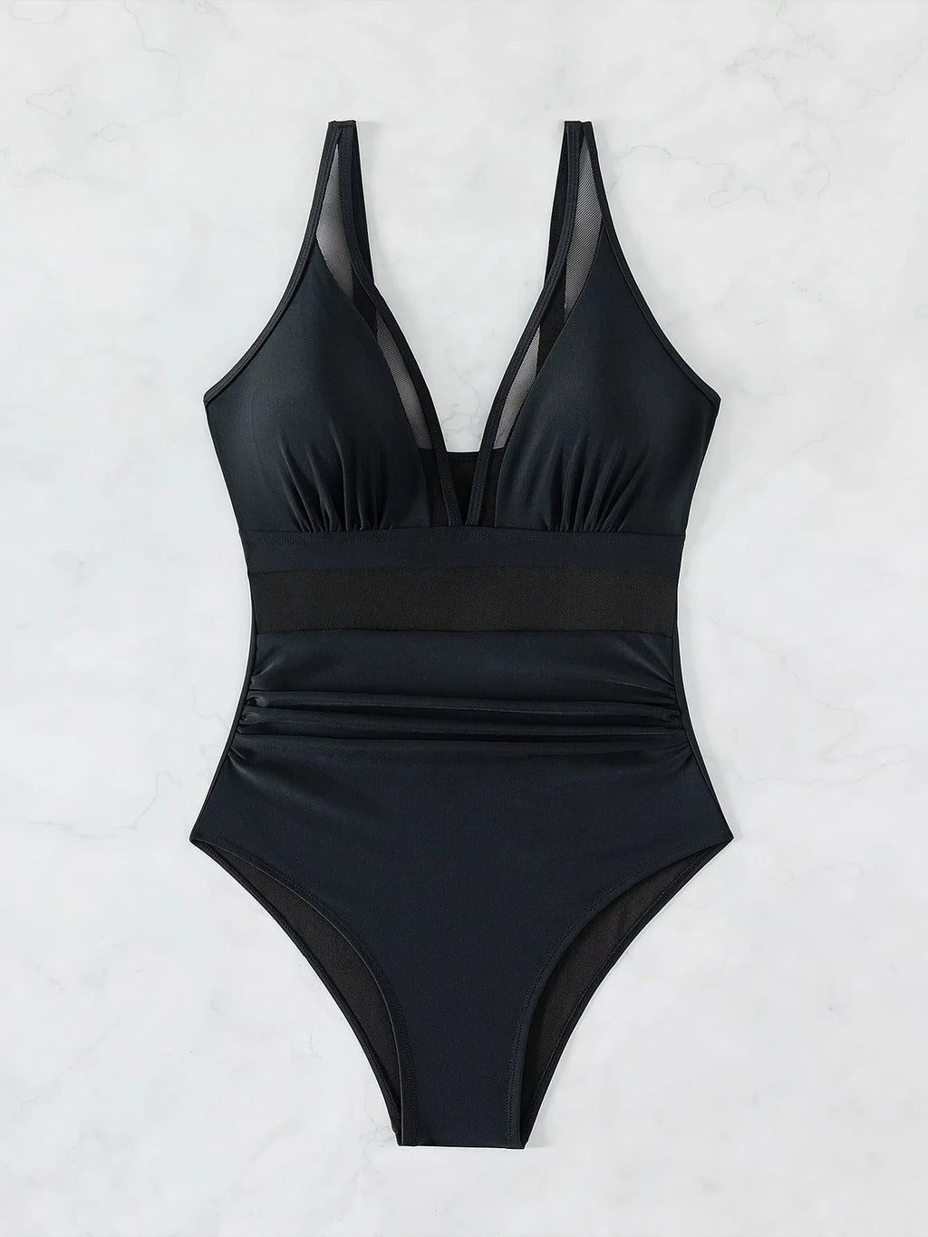 Black pure colour mesh halter one-piece swimsuit with brief coverage and sleeveless design