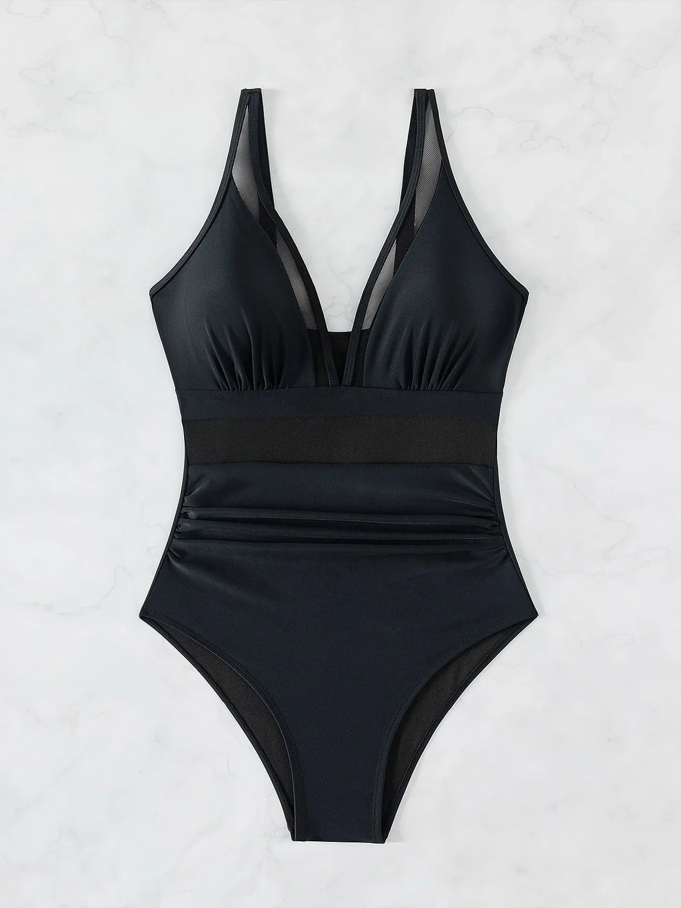 Black pure colour mesh halter one-piece swimsuit with brief coverage and sleeveless design
