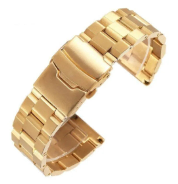 Stainless steel watch strap with double-security buckle and quick release, in silver, black, gold, or rose gold, 18-24mm