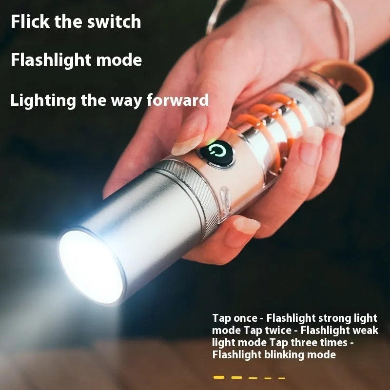 Orange and beige multifunctional flashlight with keychain hook and optical zoom function