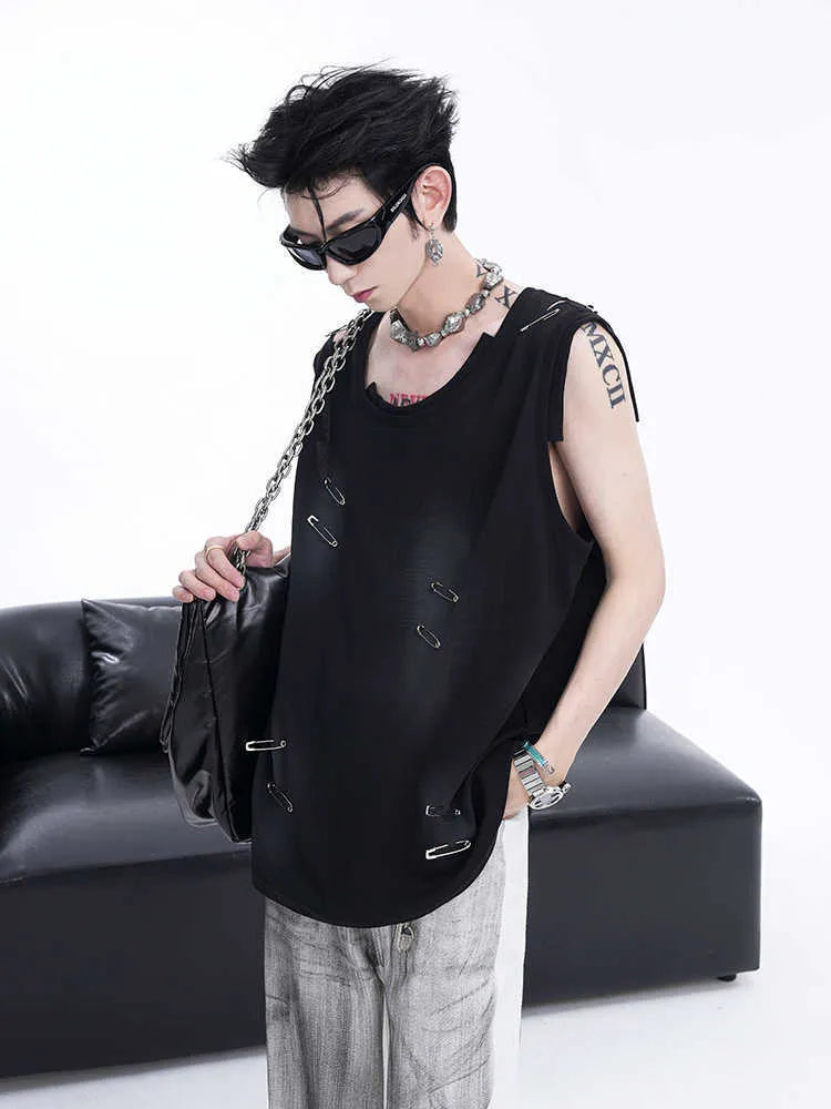 Men's black waistcoat vest with irregular ripped cutting detail, sleeveless t-shirt design