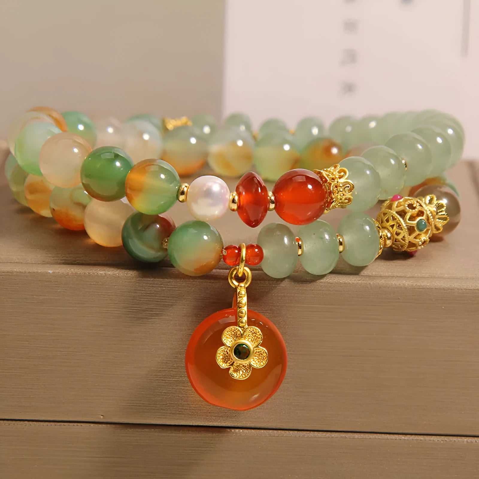 Peacock green agate double ring bracelet for women with alloy construction and safety buckle