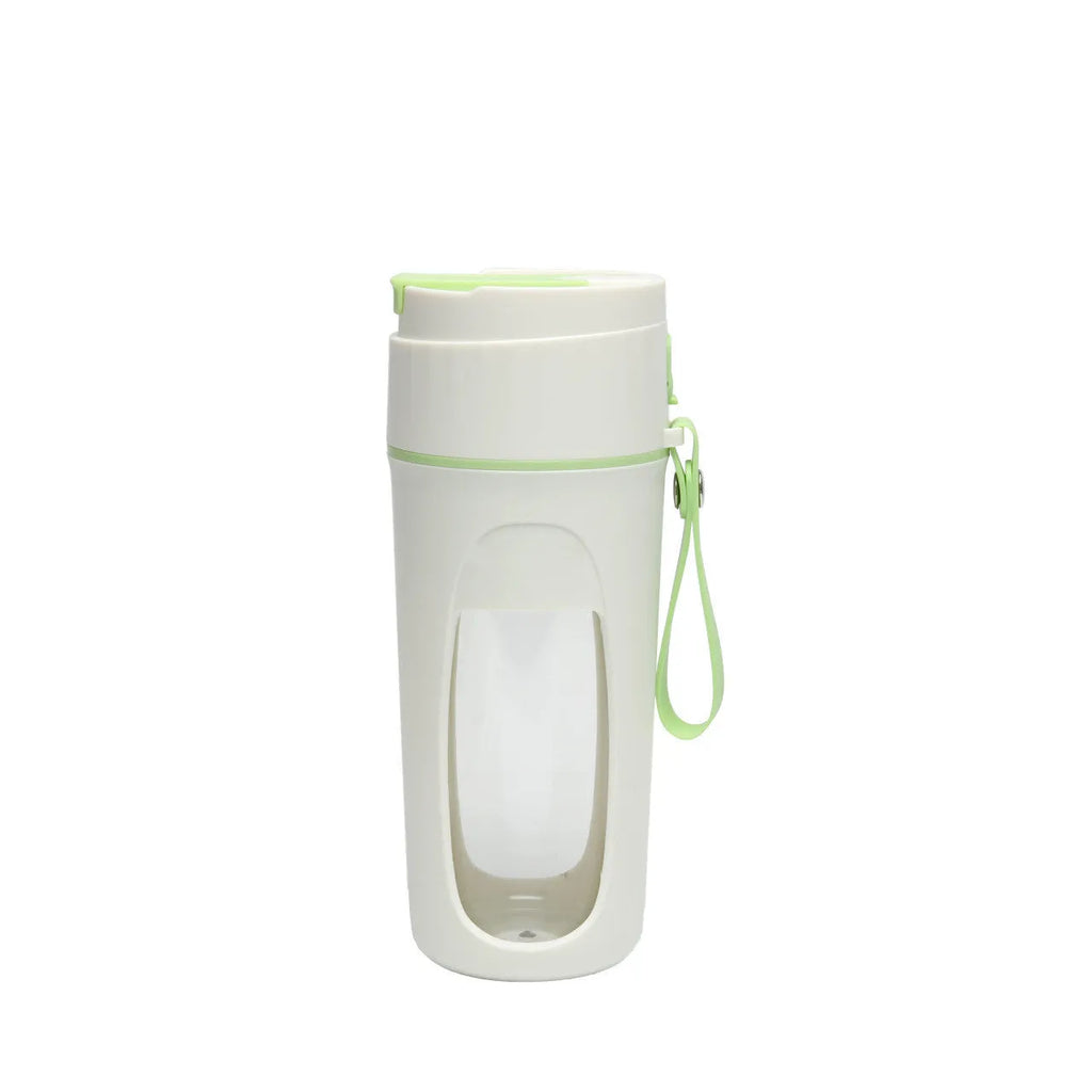 Portable USB rechargeable blender with borosilicate glass cup in fresh orange, grass green, and light purple colours.
