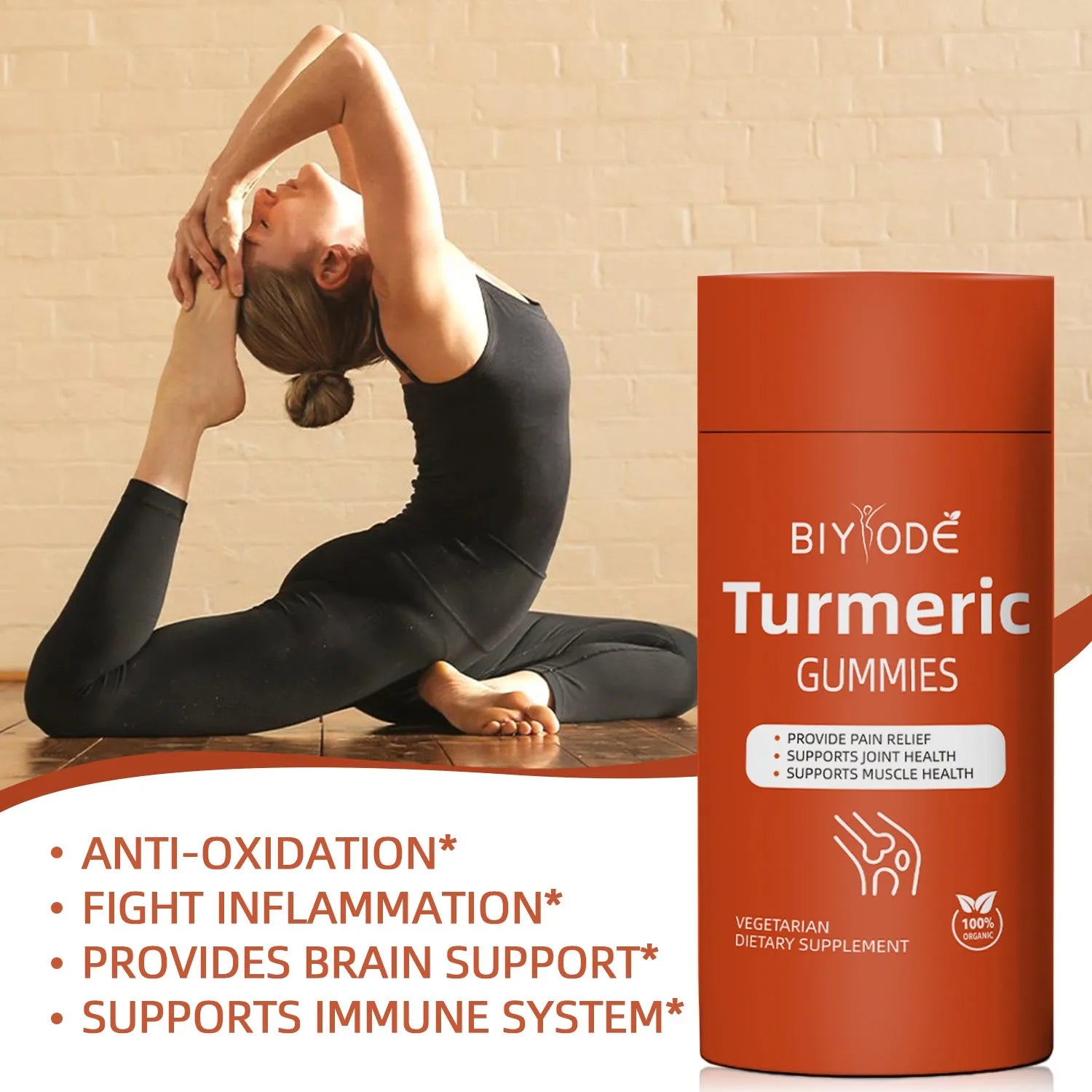 Organic turmeric gummies supplement by biyode in a bottle with 60 pieces