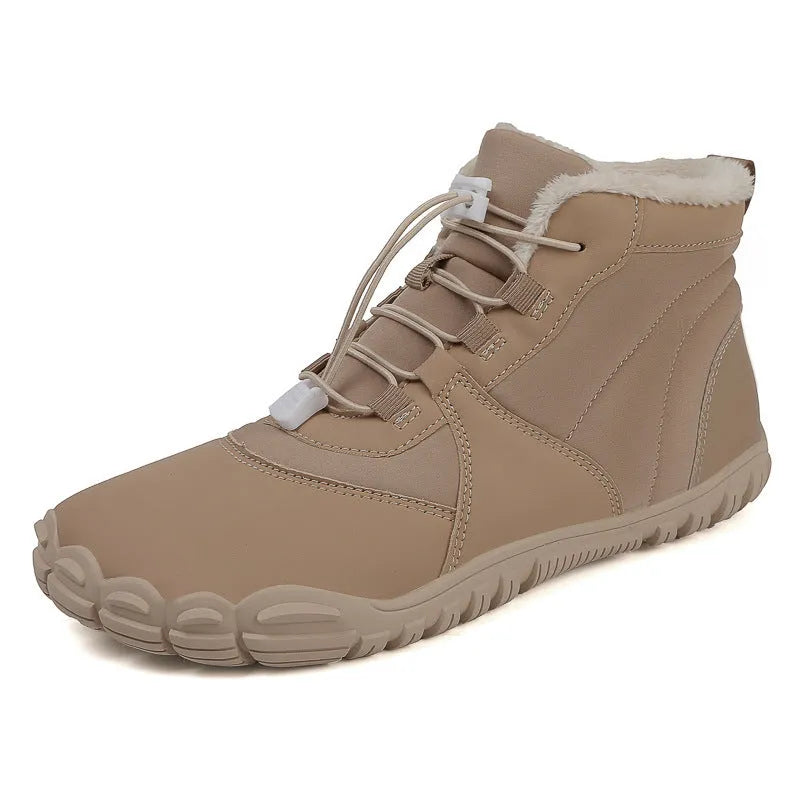 Outdoor snow boots in black, pink, or khaki with front lace-up, round toe, and low heel.