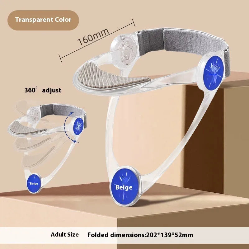Adjustable neck brace for adults and children in blue, pink, and transparent colours.