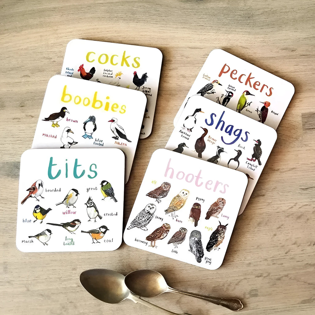 Bird pun coaster set, square PVC drink mats, 10x10x0.35 cm, 6 or 12 pieces