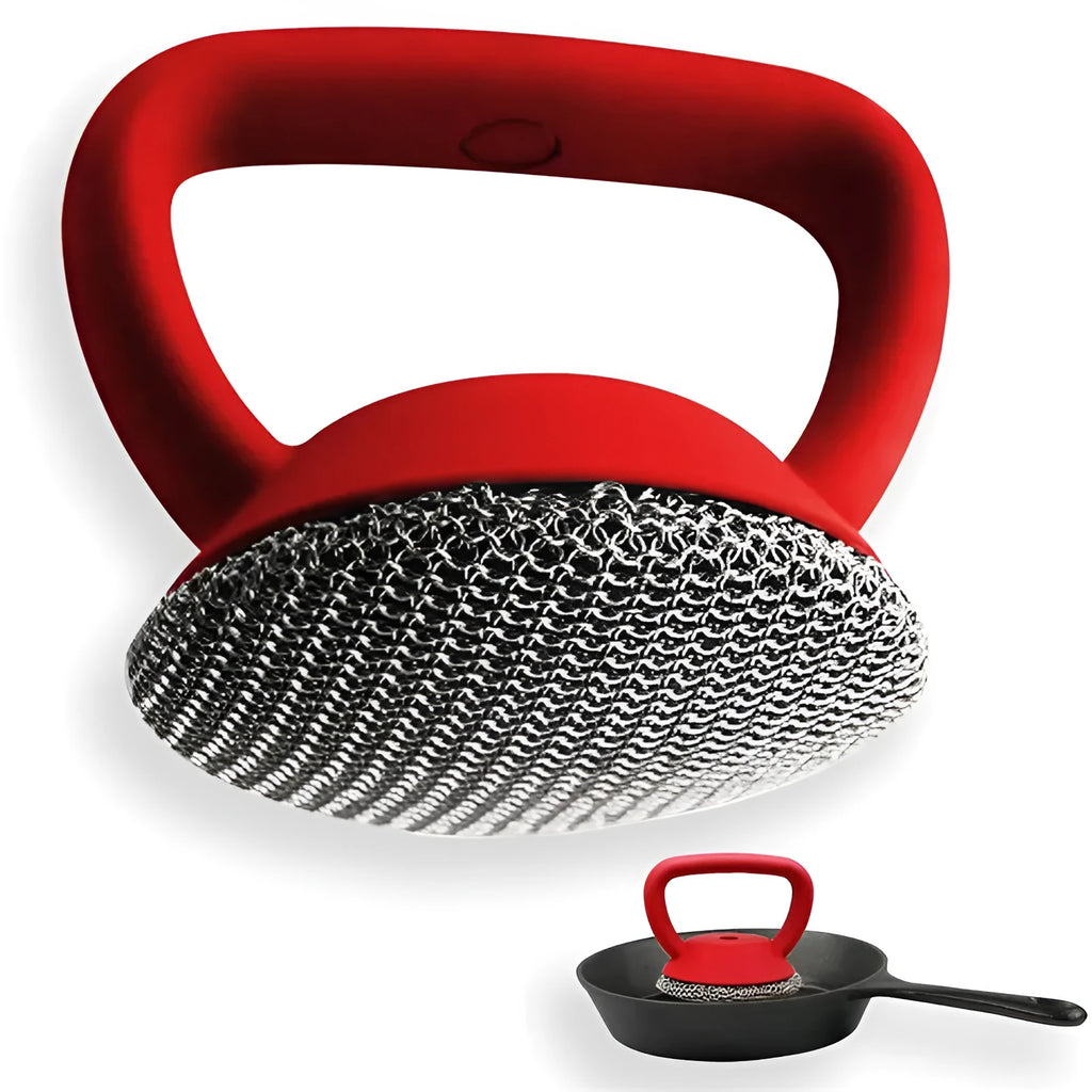 Cast iron scrubber with 316 stainless steel round chainmail head and silicone handle in red, blue, or black