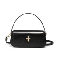 Genuine leather baguette handbag in horizontal square clamshell design, shown in black colour