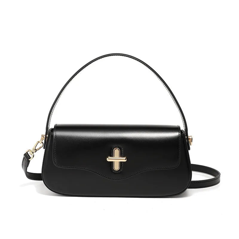 Genuine leather baguette handbag in horizontal square clamshell design, shown in black colour