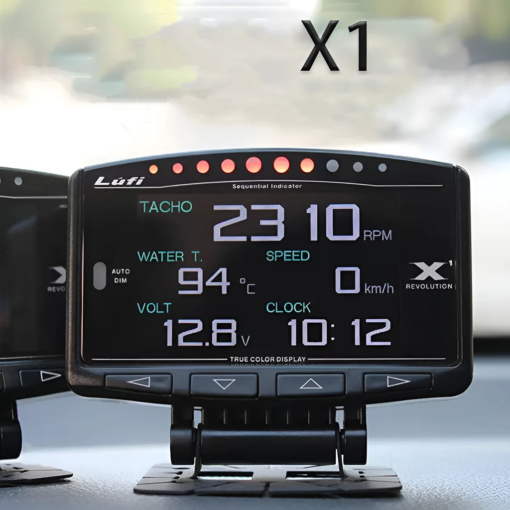 X1 automotive multi-function OBD instrument with LED display and metal casing.