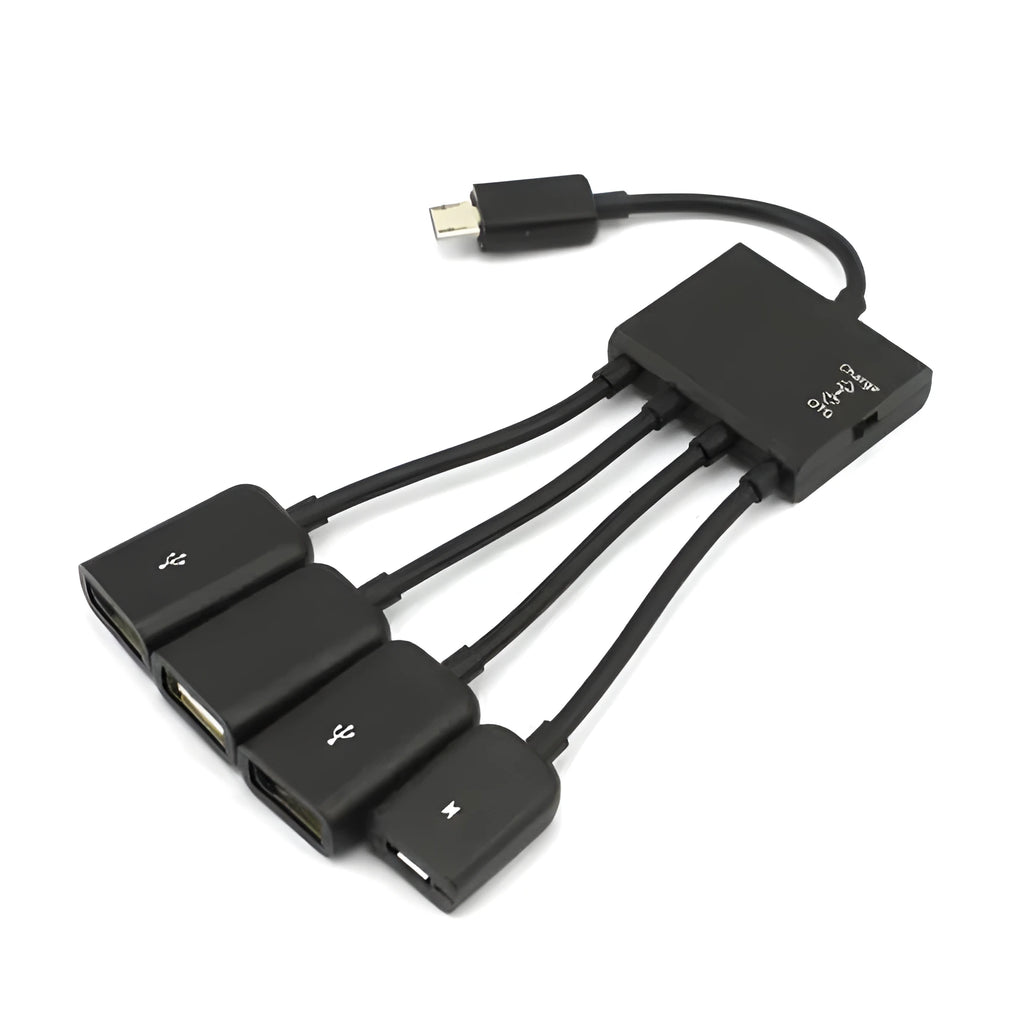Black Micro USB OTG one-to-four adapter with charging switch, 0.25m cable, for Android phones and tablets.