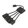 Black Micro USB OTG one-to-four adapter with charging switch, 0.25m cable, for Android phones and tablets.