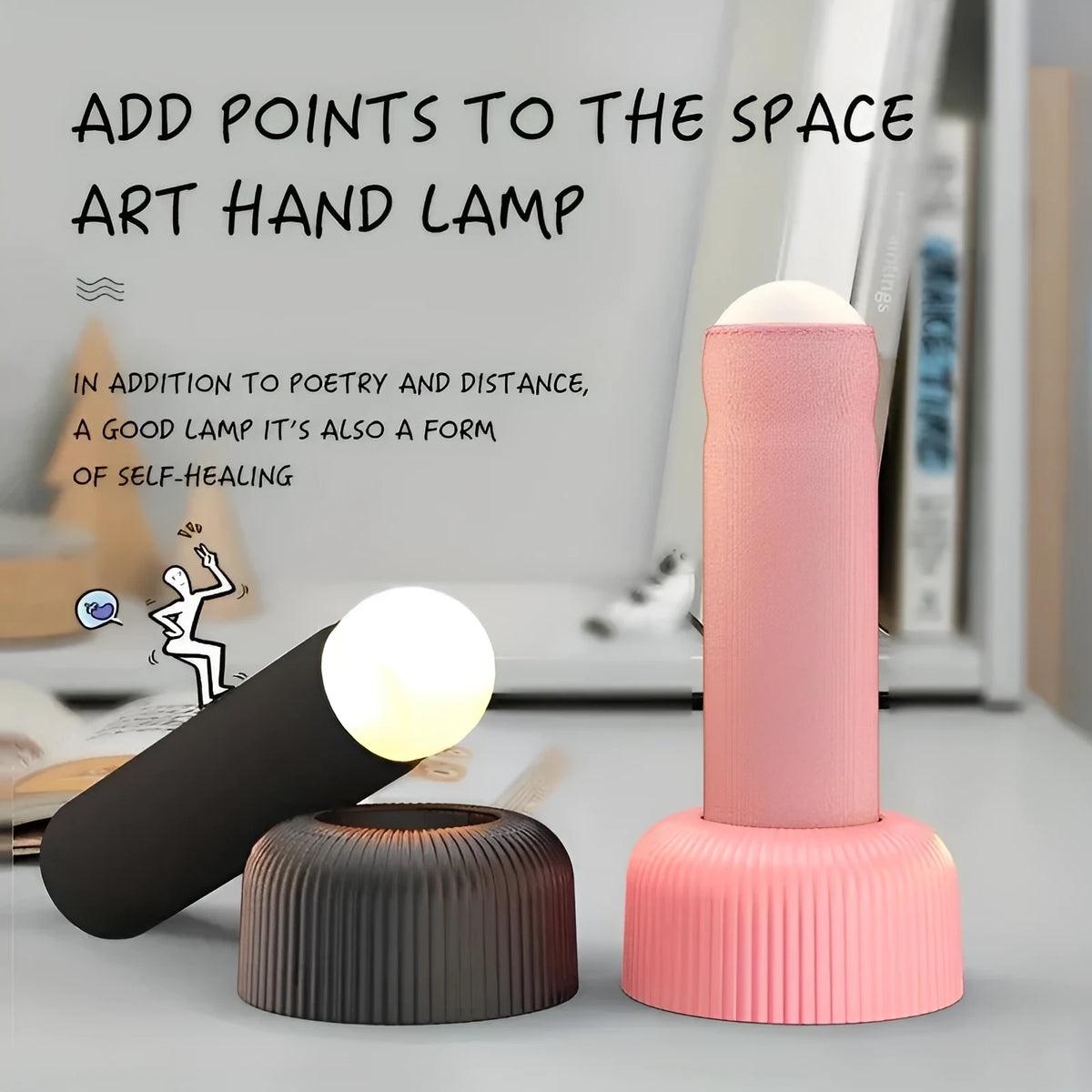 Handheld LED night light with fabric cover and base, warm light, black or pink, 92 x 193mm